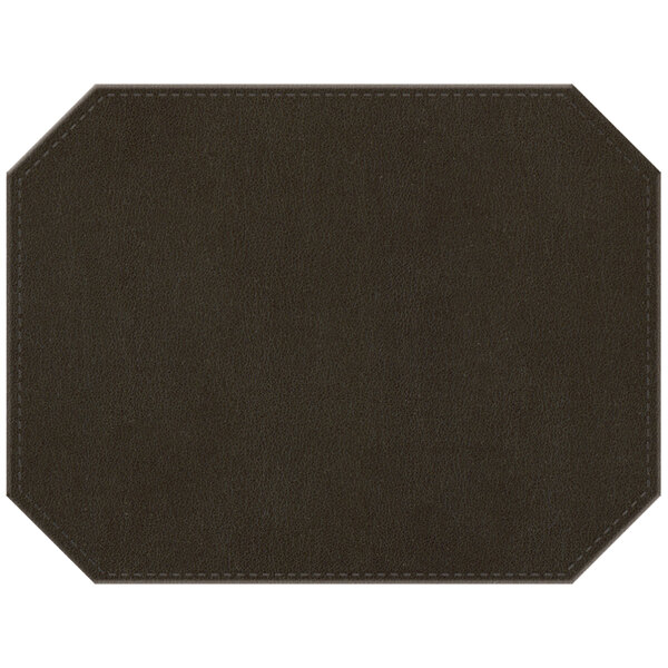 A chocolate brown faux leather octagon placemat with stitching.