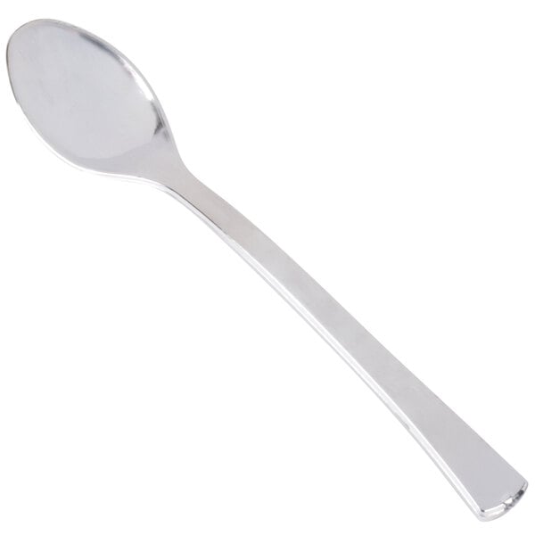 A shiny, silver-colored plastic spoon with a slightly curved handle and oval bowl, shown on a white background.