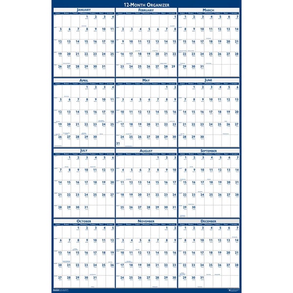 A white calendar with blue and gray numbers and borders for January 2024 to December 2024.