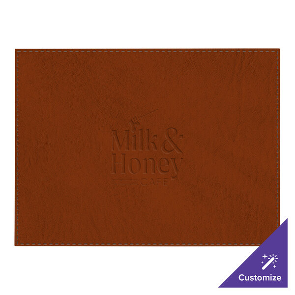 A brown rectangular faux leather placemat with a logo.
