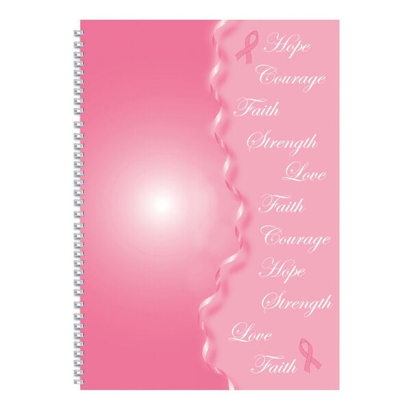 A pink spiral notebook with a pink ribbon and white text.