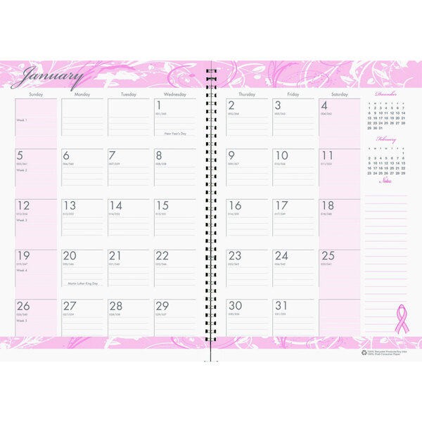 A white calendar page with pink ribbon designs.