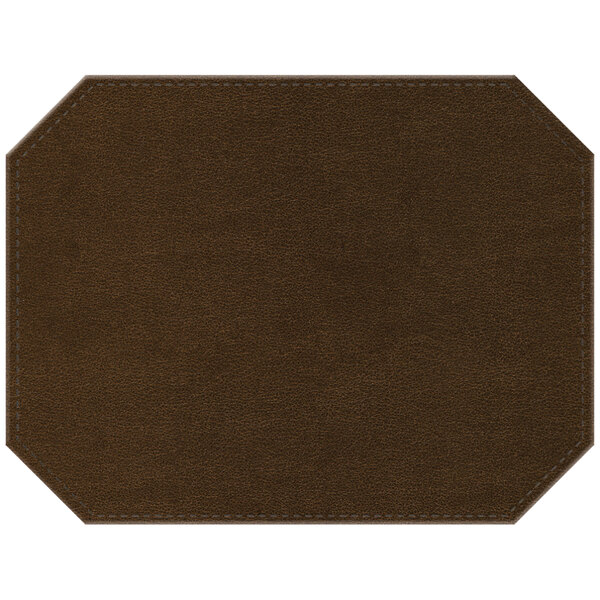 A brown faux leather octagon placemat with stitching.