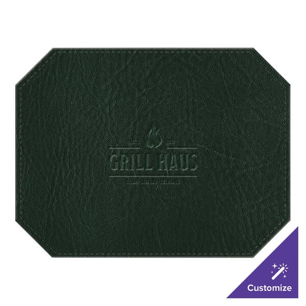 A green faux leather octagon placemat with customizable text on it.