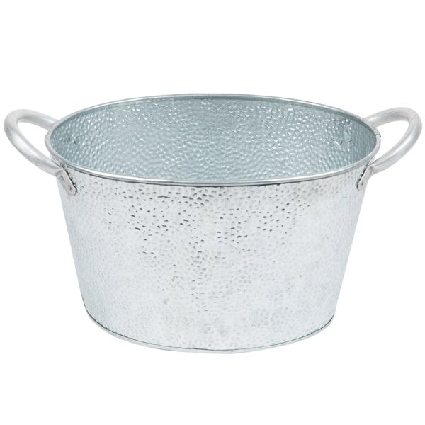 A silver galvanized steel Tablecraft beverage tub with handles.