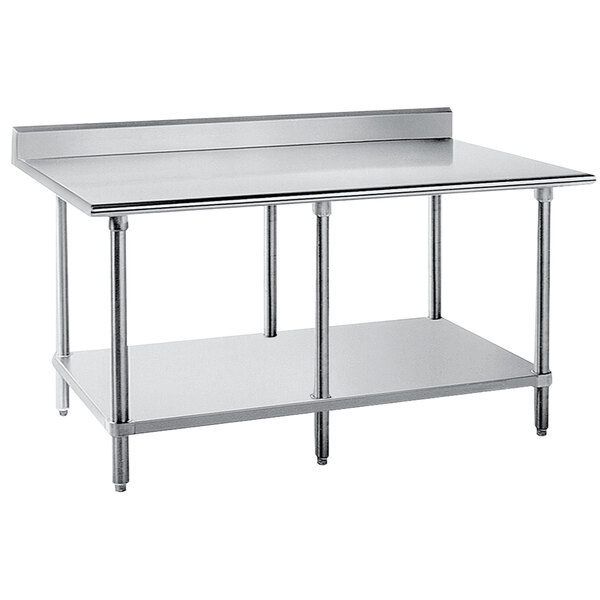 An Advance Tabco stainless steel work table with undershelf and backsplash.