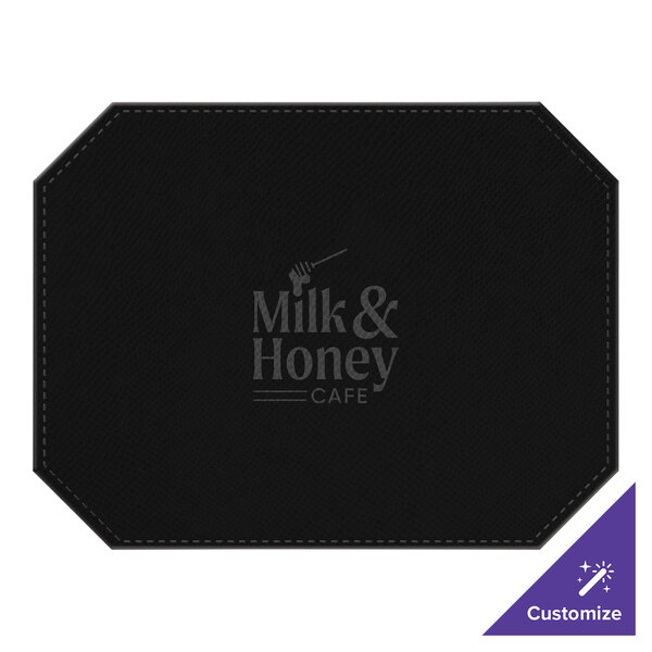 A black octagon-shaped faux leather placemat with white text.