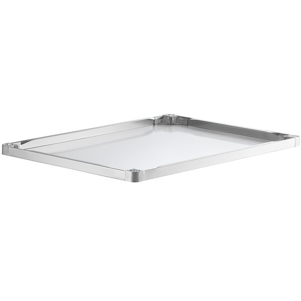 A white rectangular stainless steel undershelf for a Regency work table.