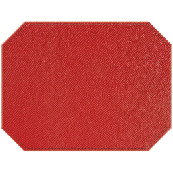 A red faux leather octagon placemat with stitching.