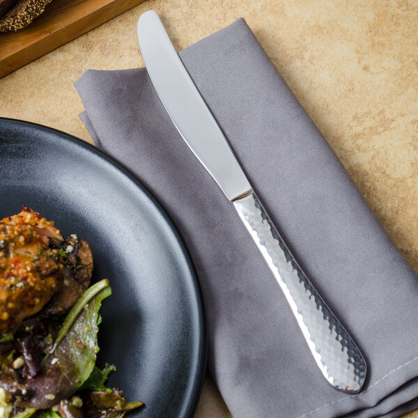 A plate with food next to a Walco European dinner knife.