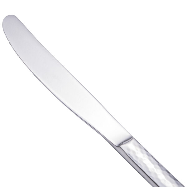A close-up of a Walco stainless steel European dinner knife with a silver handle.