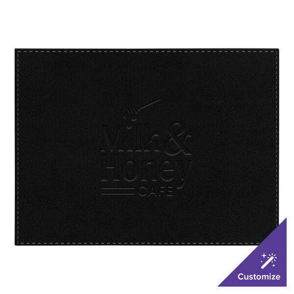 A black leather H. Risch, Inc. customizable placemat with white text.