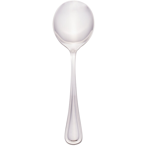 A silver Walco stainless steel bouillon spoon with a white background.