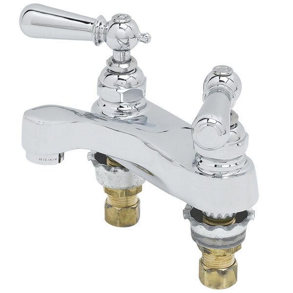 Two T&S chrome deck mount lavatory faucets with two handles and vandal resistant aerators.