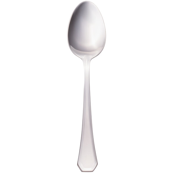 A Walco stainless steel dessert spoon with a silver handle on a white background.