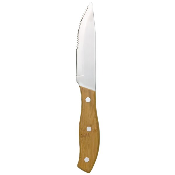 A Libbey steak knife with a bamboo handle.