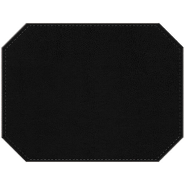 A black faux leather octagon placemat with stitching.