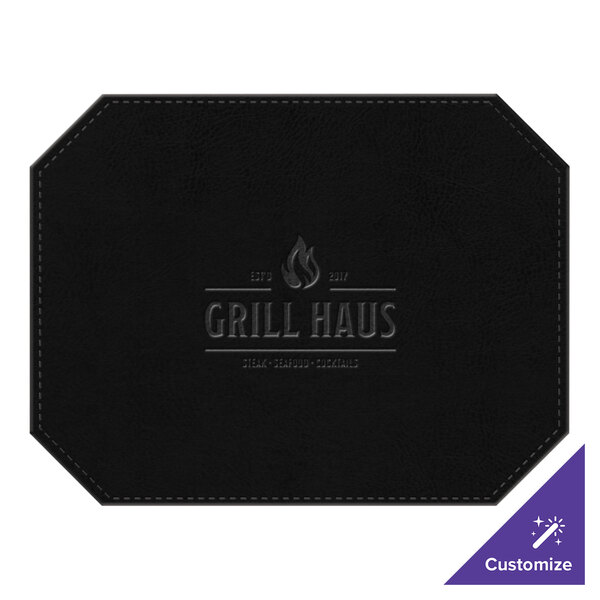 A black leather place mat with customizable text on it.