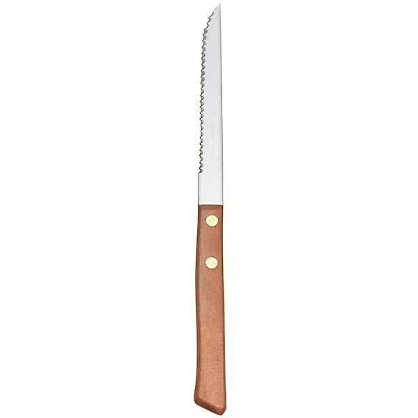 A Libbey stainless steel steak knife with a wooden handle.