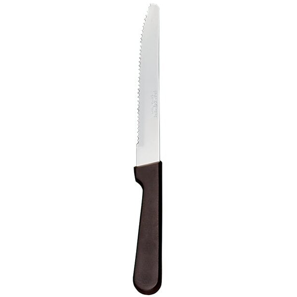 A Libbey stainless steel steak knife with a black polypropylene handle.