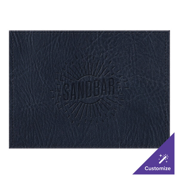 A navy hardboard and faux leather rectangle placemat with a customizable leather cover.