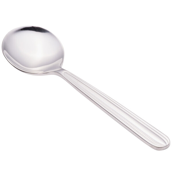 A close-up of a Walco stainless steel bouillon spoon with a silver handle.