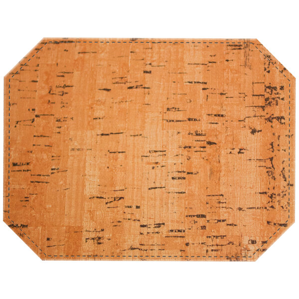 A natural faux cork octagon placemat with a black border.