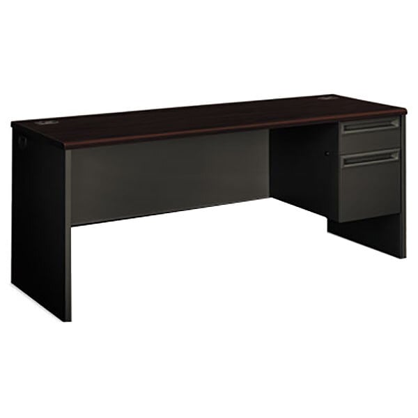 A mahogany desk with a charcoal right pedestal drawer.