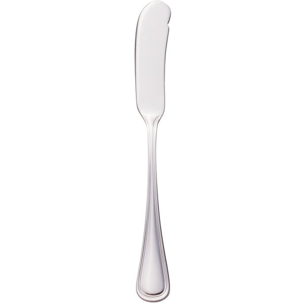 A silver Walco stainless steel flat handle butter spreader.