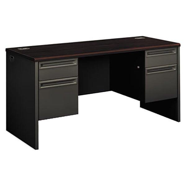 A mahogany and charcoal HON kneespace credenza with drawers.