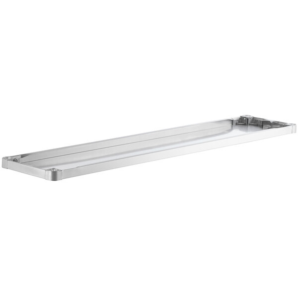 A silver rectangular stainless steel shelf with white background.