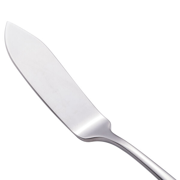 A close-up of a Walco Freya stainless steel flat handle butter spreader.
