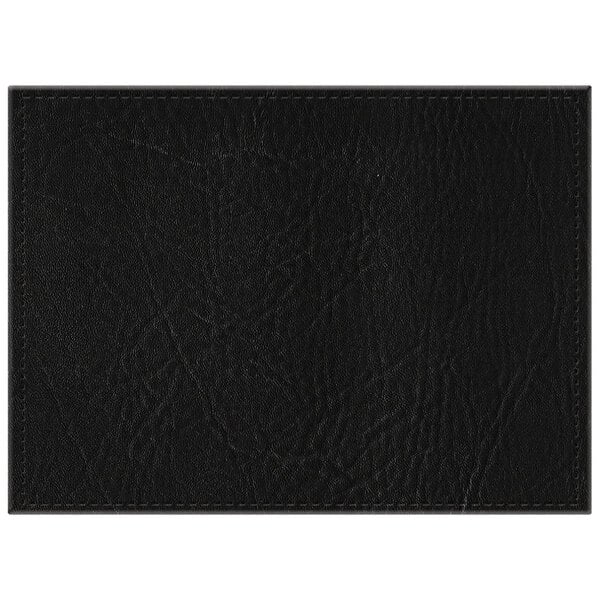 A black hardboard rectangle placemat with a black faux leather surface.
