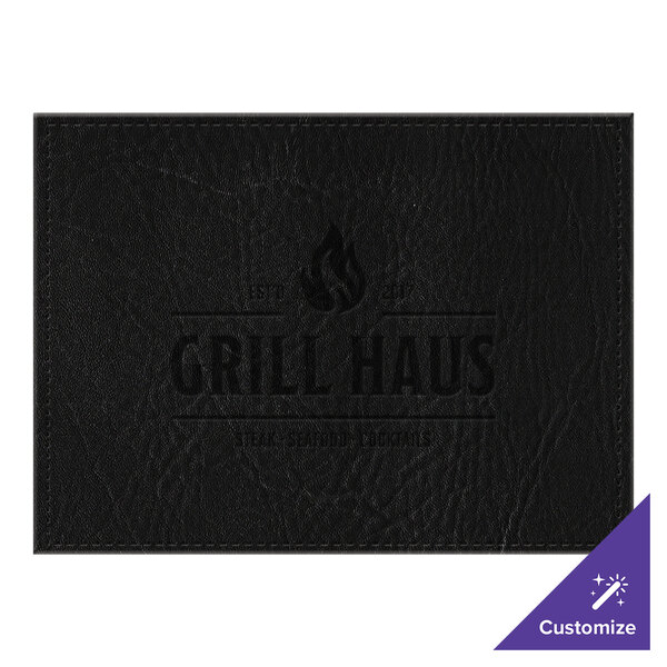A black rectangular hardboard placemat with black faux leather covering and customizable text.