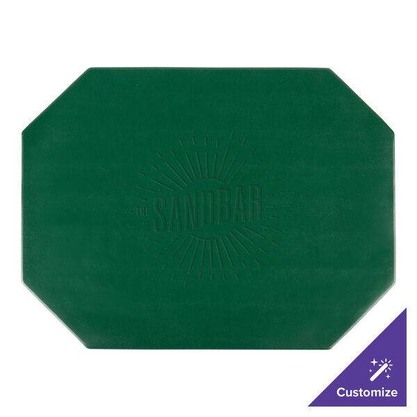 A green octagon placemat with customizable white text.