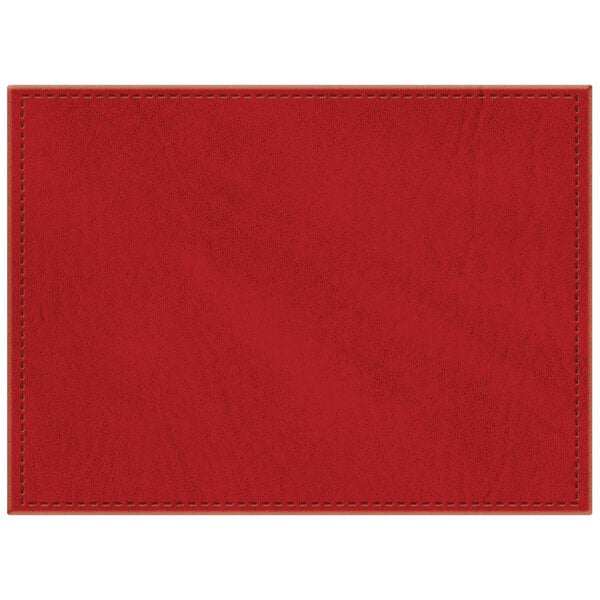 A red faux leather rectangle placemat with stitching.