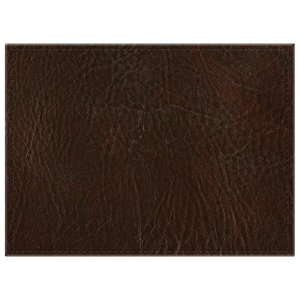 A close up of a brown faux leather rectangle.