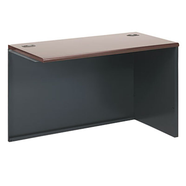 A HON mahogany and charcoal right return desk shell with a dark wood top.