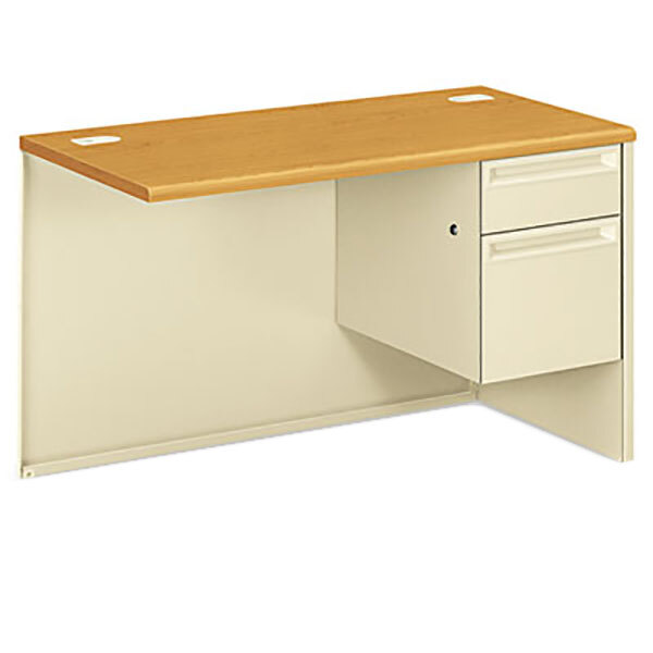 A white and tan desk with a wooden top and a drawer.