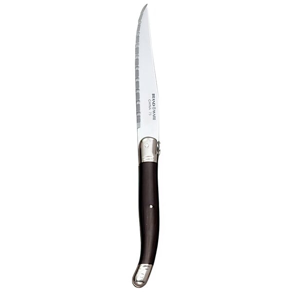 A Libbey steak knife with a black plastic handle and silver blade.