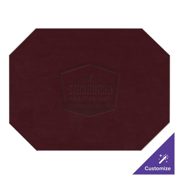 A white octagon-shaped placemat with a purple and white logo.