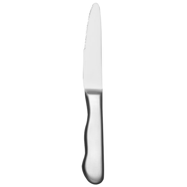 A close-up of a Libbey stainless steel steak knife with a silver handle.