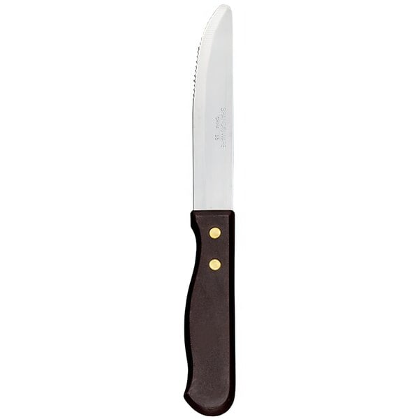 A Libbey stainless steel steak knife with a black polypropylene handle.