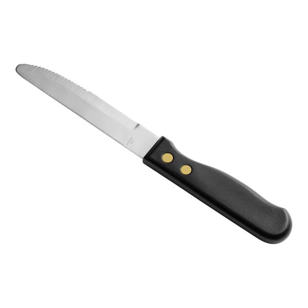 A Libbey stainless steel steak knife with a black polypropylene handle.