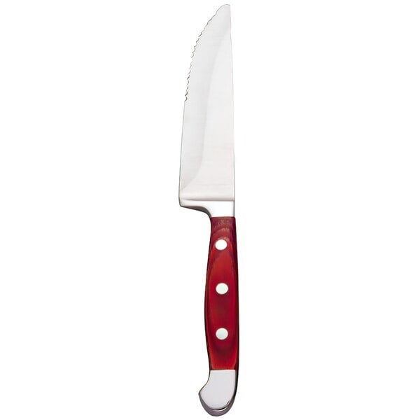 A Libbey steak knife with a Spanish pakkawood handle that is red and white.