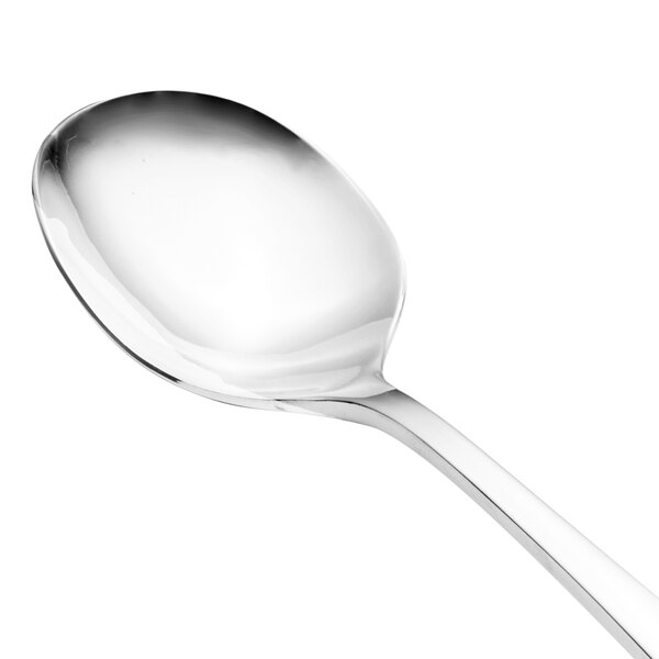 A close-up of a Walco Freya stainless steel bouillon/soup spoon with a silver handle.