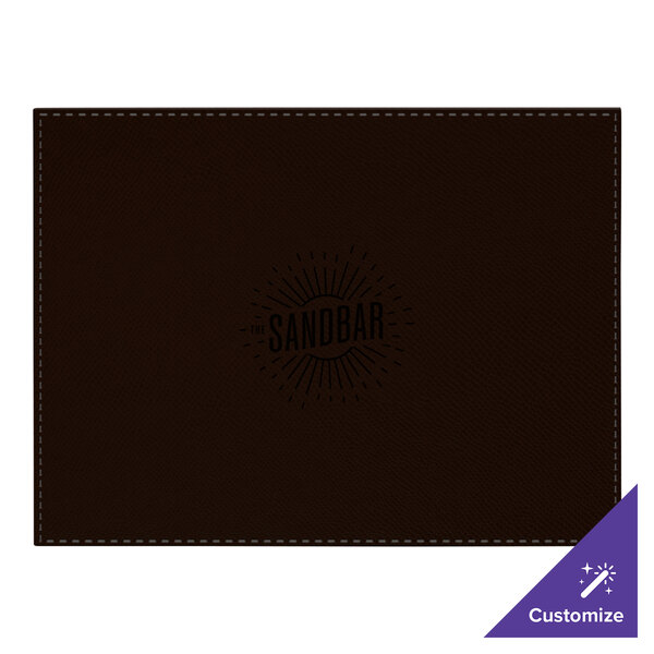 A brown leather rectangular placemat with a logo.