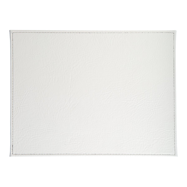 A rectangular white hardboard or faux leather placemat with stitched edges.