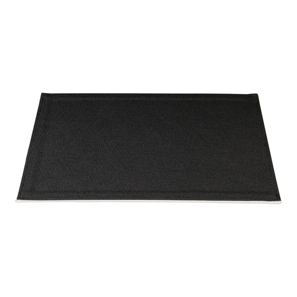 A rectangular black faux leather placemat with a hardboard core, measuring 15 by 11 inches.