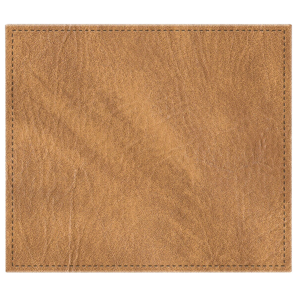 A brown hardboard rectangle with a leather texture and stitching.